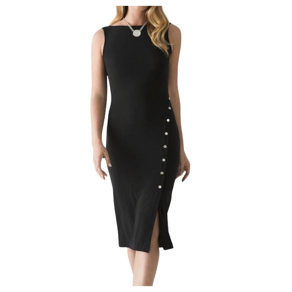 WHBM Black Matte Jersey Sleeveless Diagonal Button Detail Midi Dress Size S - Picture 8 of 8